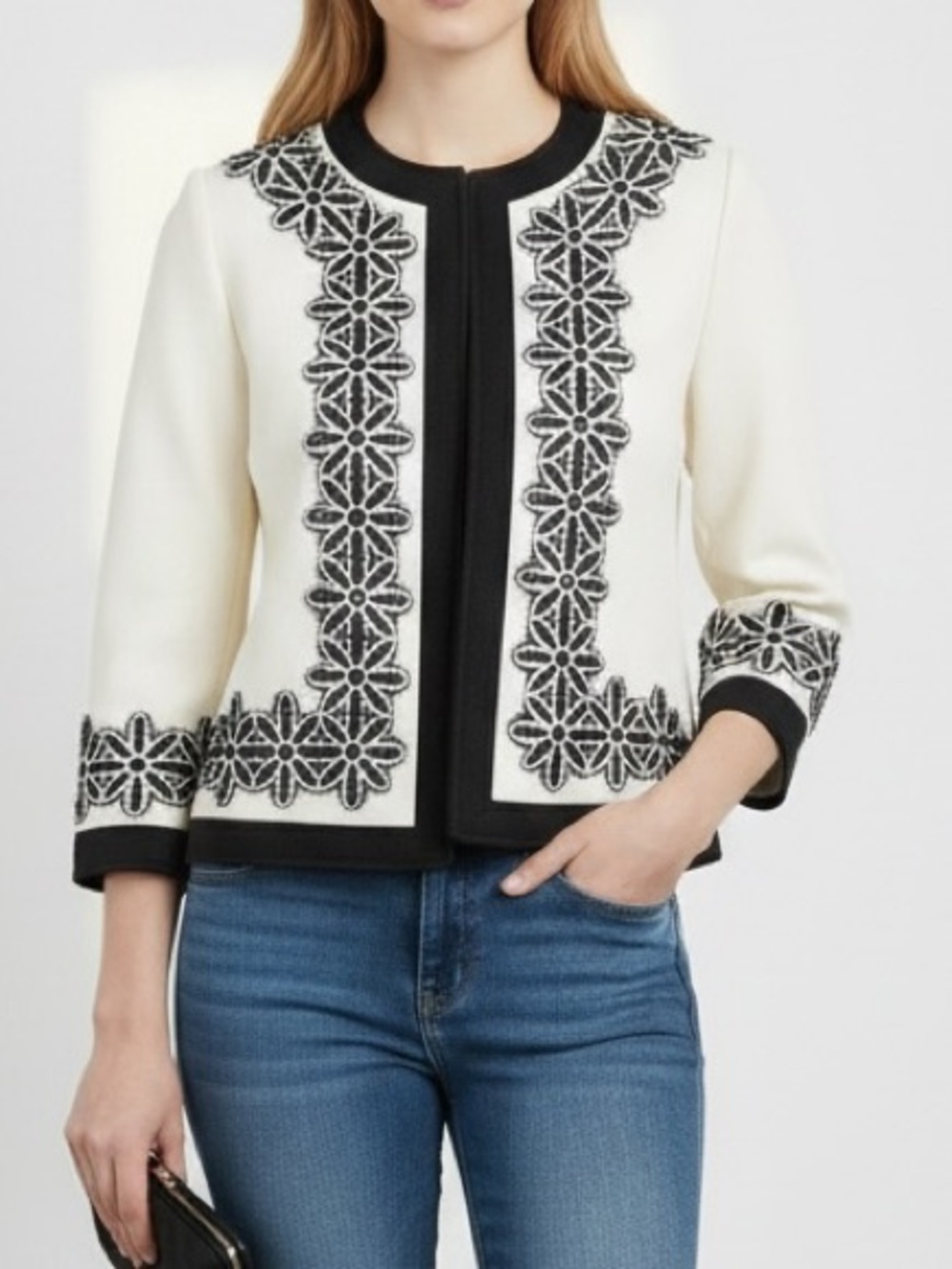 ST.JOHN Womens Knit Cream & Black Embroidered Trim Jacket Size 8